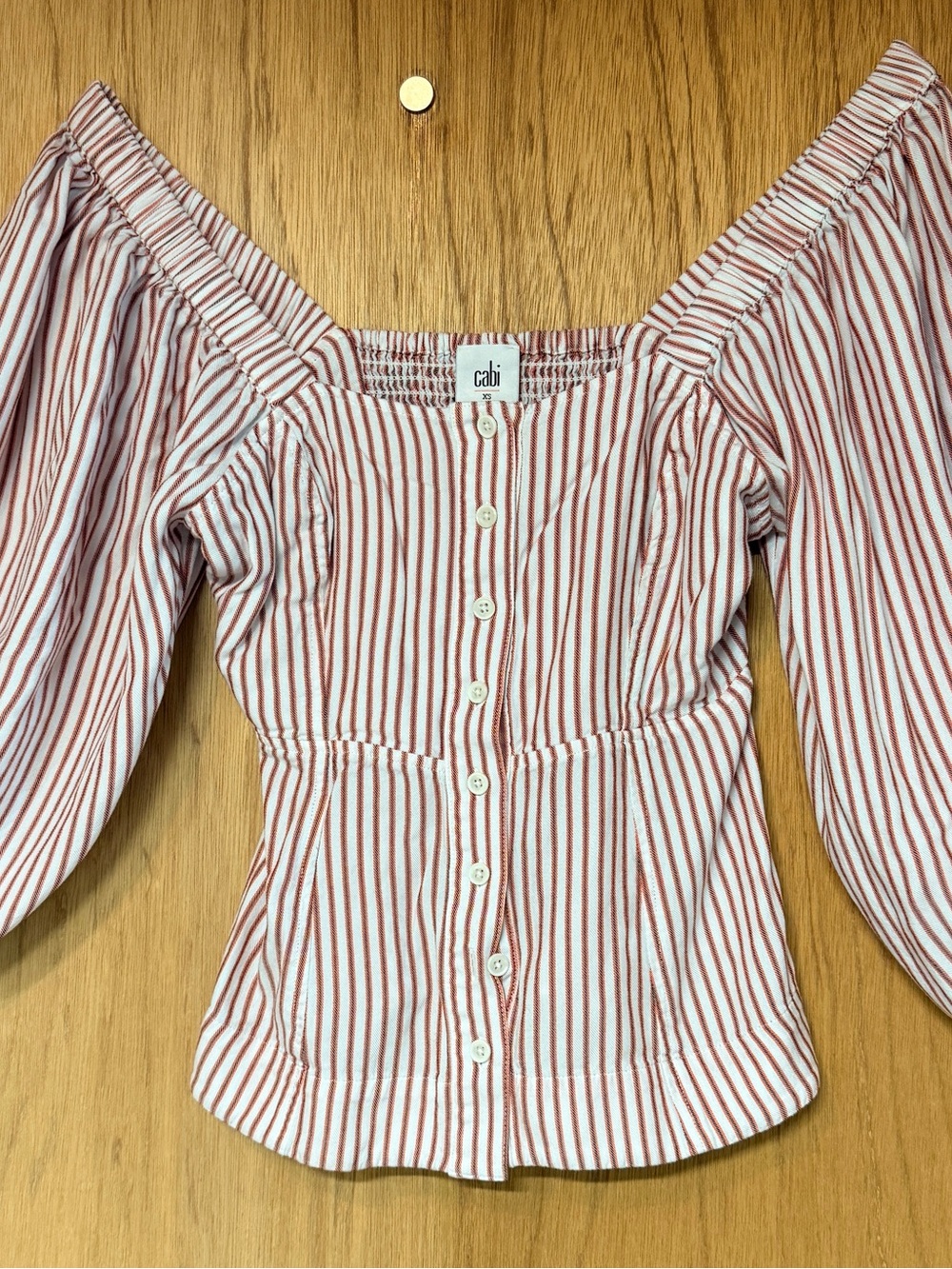 CAbi Red & White Striped Button-Front Peasant Top